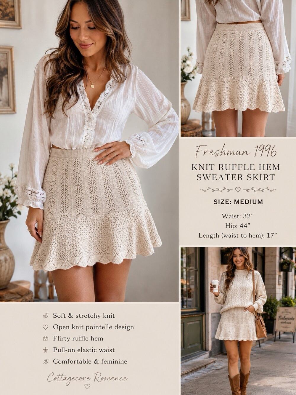Freshman 1996 Cream Open Knit Ruffle Hem Sweater Skirt Size Med Boho Cottagecore
